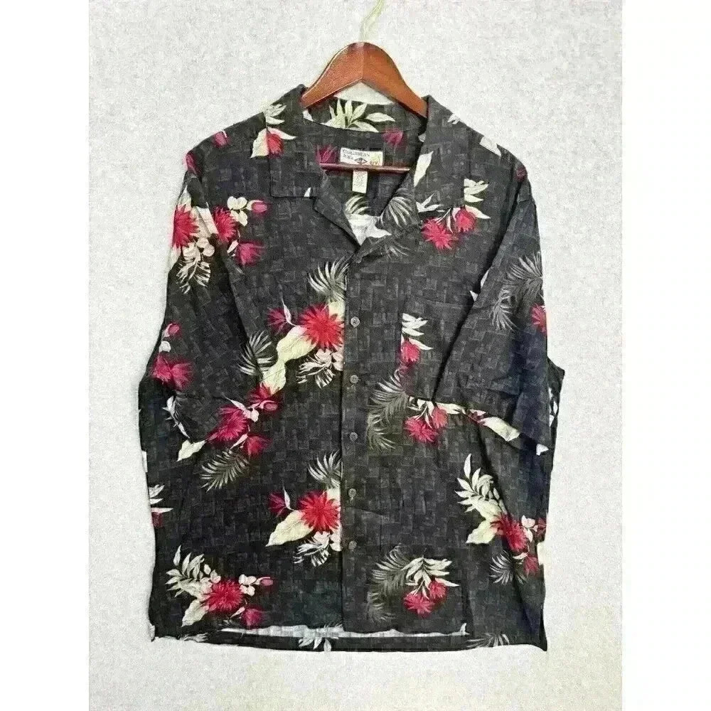 Caribbean Joe Mens XL Black Short‎ Sleeve Hawaiian Shirt Button Down Silky Soft